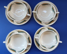 Load image into Gallery viewer, 1950s Vintage Susie Cooper Pottery BRACKEN PATTERN. Rare Set of FOUR Soup Bowls &amp; Saucers
