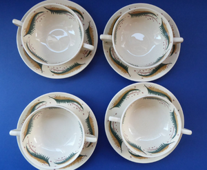 1950s Vintage Susie Cooper Pottery BRACKEN PATTERN. Rare Set of FOUR Soup Bowls & Saucers