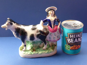 Fabulous 1880s Genuine ANTIQUE STAFFORDSHIRE Flatback Figurine / Cow Creamer. Woman and Cow