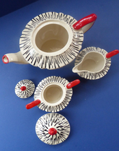 Load image into Gallery viewer, Very Rare Zebra Stripe Sadler Three Piece Teaset. Large Teapot, Rare Lidded Sugar Bowl, and Milk Jug

