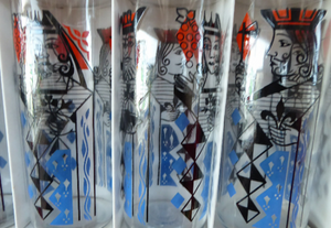 1960s TUMBLERS. "Royalty" Playing Cards Design by Alexander Hardie-Williamson for Ravenshead Glass. Kings & Queens Slim Jim Drinking Glasses