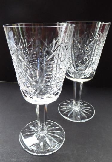 Large PAIR Waterford Crystal GOBLETS: CLARE Pattern. Largest Size Vintage Water / Wine Glasses