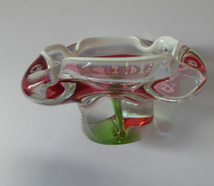Josef HOSPODKA / Chribska; Czechoslovakia. Vintage 1960s Bowl with Green and Cranberry Colours Cased in Clear - with white rim