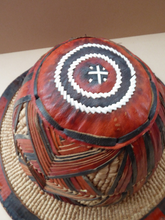 Load image into Gallery viewer, Vintage AFRICAN (Ghana) Woven Straw &amp; Leather FULANI Hat with Straps. Nice, clean condition
