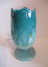 Load image into Gallery viewer, 1950s Scottish VASART Glass Tulip Lamp in Swirly Grey-Blue and Aqua Shades with Tutti Frutti Flecks. WORKING
