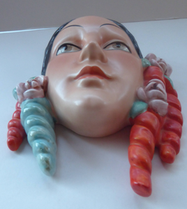 Rare 1930s GOEBEL Pottery Wall Mask. Art Deco Spanish Lady with Fabulous Floral Hair Decorations. LARGER size. 7 inches