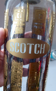 1960s Glass SCOTCH Whisky Decanter. With Bulbous Gold Tone Pourer and Geometric Mirrored Gold Decorations