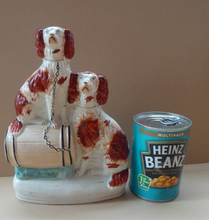 Load image into Gallery viewer, Antique Staffordshire King Charles Spaniel Dogs Sitting on Top of a Barrel. Genuine Victorian Figurine
