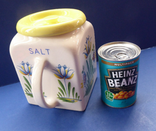 Load image into Gallery viewer, 1950s BRISTOL POTTERY Kitchen Canister or Storage Jar. Vintage Old Delft Tulip Design with Carrying Handle. SALT
