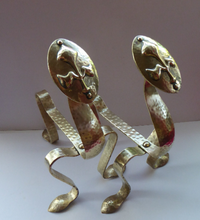Load image into Gallery viewer, Quirky Pair of VICTORIAN Brass Andirons or Fire Dogs. Strange Art Nouveau / Arts &amp; Crafts Undulating Shape
