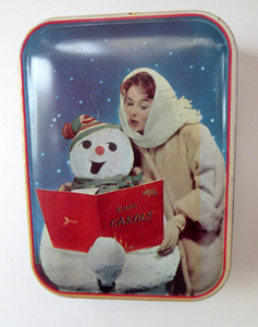 Cute Little Vintage 1960s SNOWMAN CAROL SINGING Christmas Waller & Hartley Toffee Tin