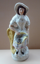 Load image into Gallery viewer, 19th Century Staffordshire Figurine. LARGE Antique Model of a Fishwife with a Basket of Fish and Fishing Net: 13 1/2 inches
