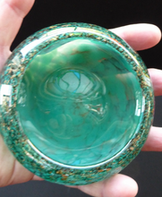Load image into Gallery viewer, Pretty SCOTTISH MONART GLASS Shallow Pin Dish. Mottled Pale Blue and Green Glass with Gold Aventurine &amp; Customary Raised Pontil Mark

