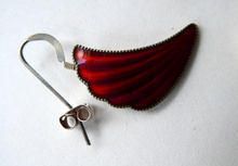 Load image into Gallery viewer, 1950s NORWEGIAN Guilloche Enamel and Silver Drop Earrings by Elvik &amp; Co. Red Shell Shaped for Pierced Ears with Silver Hooks
