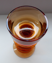 Load image into Gallery viewer, Stylish 1970s SHERINGHAM WEDGWOOD GLASS Topaz or Amber Candlestick by Stennett-Wilson. 6 inches high
