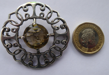 Load image into Gallery viewer, SCOTTISH SILVER Brooch. Stylish 1970s Celtic Design with Large Central Citrine
