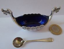 Load image into Gallery viewer, NORWEGIAN SILVER Viking Ship Salt Cellar by Theodor Olsens. With Original Blue Glass Liner &amp; Additional Spoon
