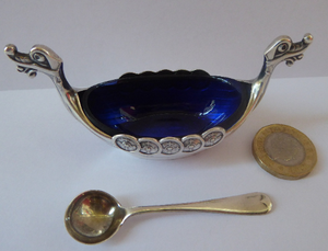 NORWEGIAN SILVER Viking Ship Salt Cellar by Theodor Olsens. With Original Blue Glass Liner & Additional Spoon