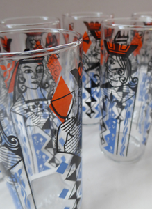Vintage 1960s Ravenshead SIX Slim Jims Drinking Glasses. ROYALTY (Playing Cards) Design by Alexander Hardie-Williamson
