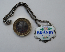 Load image into Gallery viewer, VINTAGE Silver and Enamel BRANDY Decanter or Bottle Label Birmingham Hallmarked 1957
