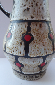 Vintage 1970s West German Pottery Handled Vase or Pitcher. JASBA WARE with Orange Polka Dot Pattern. 10 inches high