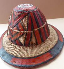 Load image into Gallery viewer, Vintage AFRICAN (Ghana) Woven Straw &amp; Leather FULANI Hat with Straps. Nice, clean condition
