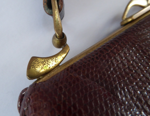 1950s Vintage Brown Lizard Skin Handbag - with interesting clasp in the shape of three waves. Good Condition