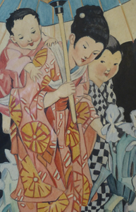 1930s Art Deco Watercolour Japanese Lady and Children with a Parasol 