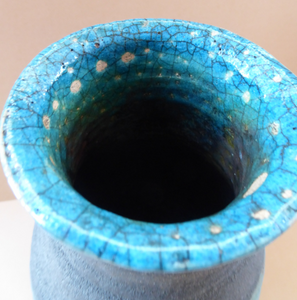 STUDIO POTTERY. Tall Vintage 1960s Vase. Matt Black Lava Glaze Turquoise Splashes: Impressed GS Mark. 11 inches