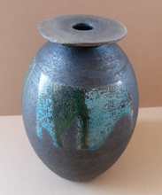 Load image into Gallery viewer, STUDIO POTTERY. Vintage 1960s Vase. Matt Black Lava Glaze &amp; Blue and Green Lustre Squares: GS Mark
