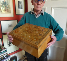 Load image into Gallery viewer, Antique 1930s Sewing Box with Original Folk Art Pen and Ink Decorations
