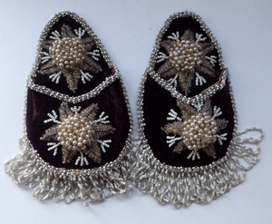 1880s VICTORIAN PAIR of Beaded Wall Pockets. Black Cloth with Faux Pearl and Beadwork Decorations