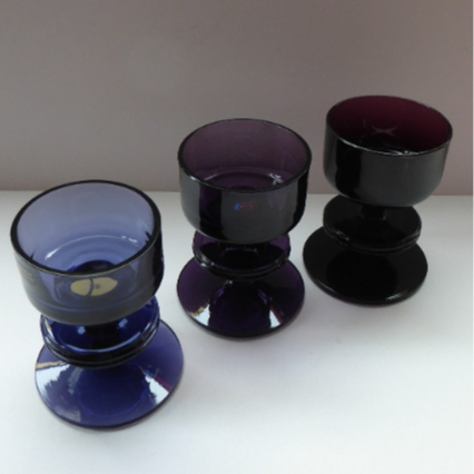 1970s SHERINGHAM WEDGWOOD GLASS Set of Three Purple Candlesticks by Stennett-Wilson. 3 1/2 inches High