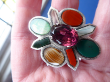 Load image into Gallery viewer, SCOTTISH SILVER: Vintage Agate Brooch with 1952 Glasgow Hallmark. Brooch set with Coloured Agates and Dark Amethyst
