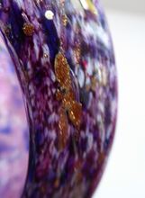 Load image into Gallery viewer, Pretty SCOTTISH MONART GLASS Shallow Pin Dish. Mottled Lilac and Purple Glass with Gold Aventurine &amp; Customary Raised Pontil Mark
