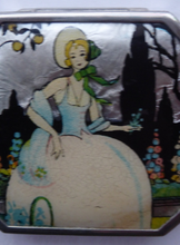 Load image into Gallery viewer, Vintage Art Deco Gwenda Celluloid Foil Miniature Powder Compact. Lid Decorated with an Image of a Pretty Lady in a Garden Setting
