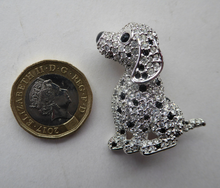 Load image into Gallery viewer, Vintage SWAROVSKI Crystal Brooch or Pin in the Shape of a Seated Dalmatian Puppy. In Original Box with Leaflet
