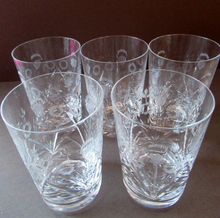 Load image into Gallery viewer, EDINBURGH CRYSTAL 1920s Tall Glasses or Tumblers. Each with stylish Older THISTLE and Flowers Pattern. Five Available
