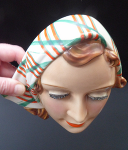 ART DECO Goebel Wall Mask. 1930s Lady with Checked Headscarf and Modelled Long Eyelashes