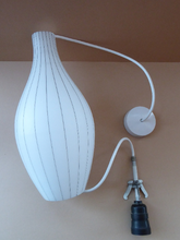 Load image into Gallery viewer, Mid-Century Design Classic. 1950s Skittle Shaped Glass Hanging Lampshade; possibly Danish. Opaque White Glass with Grey Stripes
