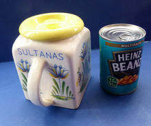 Load image into Gallery viewer, 1950s BRISTOL POTTERY Kitchen Canister or Storage Jar. Vintage Old Delft Tulip Design with Carrying Handle. SULTANAS

