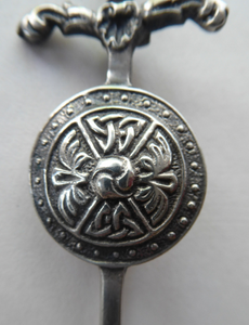 1950s SCOTTISH SILVER BROOCH. Vintage Lapel Brooch or Miniature Kilt Pin: Celtic Sword & Shield Design by Robert Allison