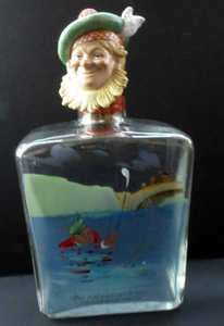1930s NOVELTY Golfing Glass Decanter. Decorated with Hand-Painted Comical Golfing Illustration - and with Fabulous Scotsman's Head Stopper