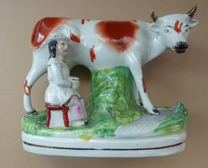 Genuine ANTIQUE STAFFORDSHIRE Figurine. Woman / Milkmaid with Large Cow by a Stream; 1880s