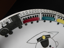Load image into Gallery viewer, SWEDISH Plate. Rare Rorstrand TUFF TUFF Plate. Quirky Railway Imagery. Signalman and Trains Around the Rim
