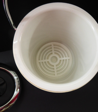 Load image into Gallery viewer, Vintage 1960s JAPANESE White Enamel Ice Bucket with Atomic Design. Original plastic drip tray and chrome tongs
