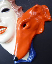 Load image into Gallery viewer, ART DECO Royal Dux, Czechoslovakia Wall Mask. 1930s Lady with Strange Hollow Eyes and Abstract Orange Borzoi Hound Dog
