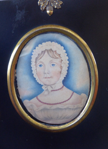 ANTIQUE Portrait Miniature of a Young Lady. Watercolour Study in Antique Black Wooden Frame with Acorn Hanging Ring; c 1830s