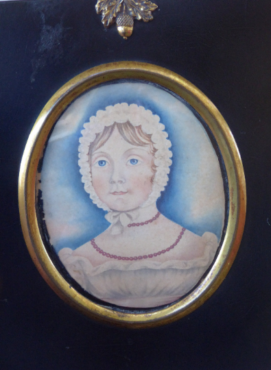 ANTIQUE Portrait Miniature of a Young Lady. Watercolour Study in Antique Black Wooden Frame with Acorn Hanging Ring; c 1830s
