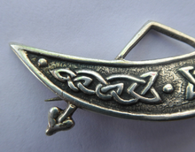 Load image into Gallery viewer, SCOTTISH SILVER. Rarer 1950s Scottish PICTISH Design: Crescent and Rod Brooch. Iain MacCormick Iona (after Alexander Ritchie original)
